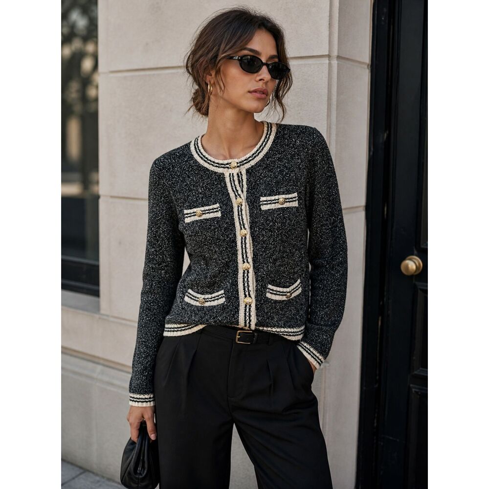 SAYLOR‎ Tweed Knit Cardigan Black White Small